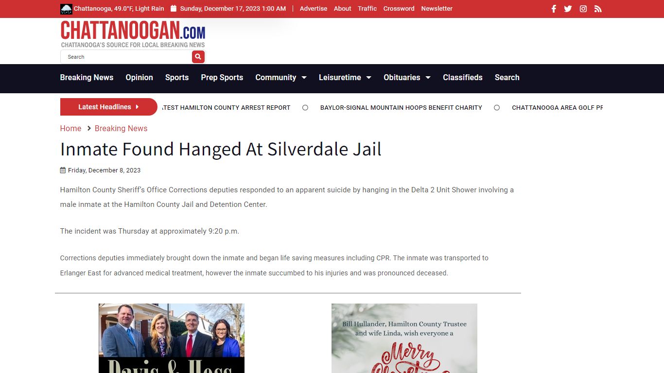 Inmate Found Hanged At Silverdale Jail - Chattanoogan.com